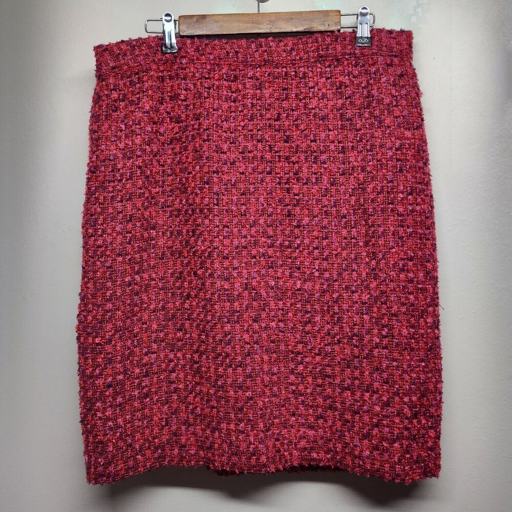 Donna Karan Tweed Pencil Skirt Women Size 14 Red Metallic Lined New Feminine
